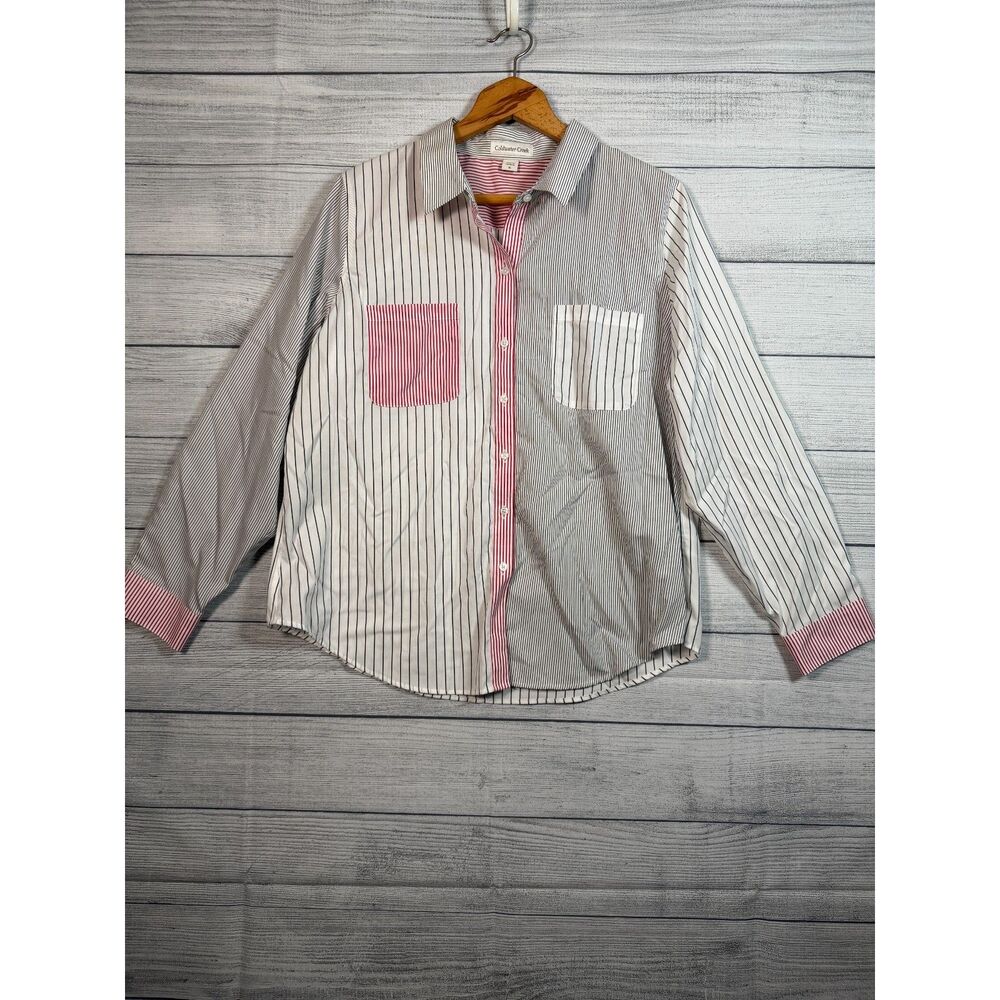 Coldwater Creek Women's 16 White Black Red Mixed Stripe Button Shirt 4335